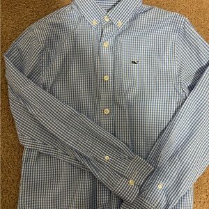 Vineyard Vines Boys Blue and White Checkered Whale Shirt
